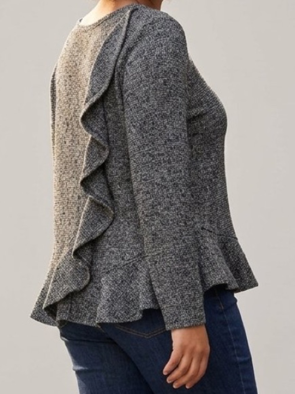 Charming Charlie Metallic Heather Gray Knit Top Ruffle Back Asymmetric XL
